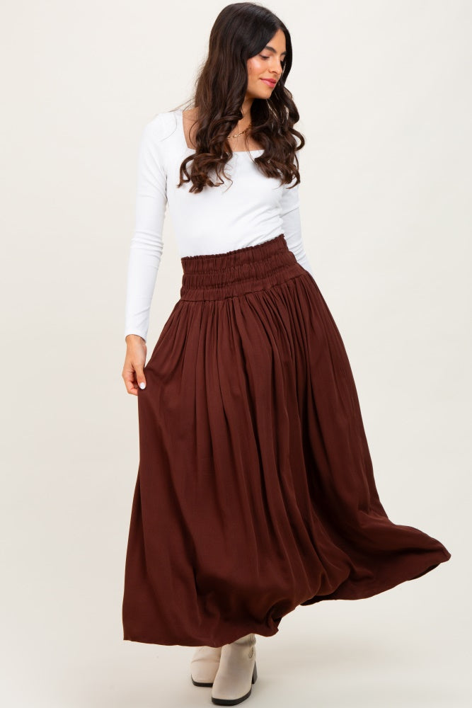 Brown Smocked Waistband Pleated Maxi Skirt