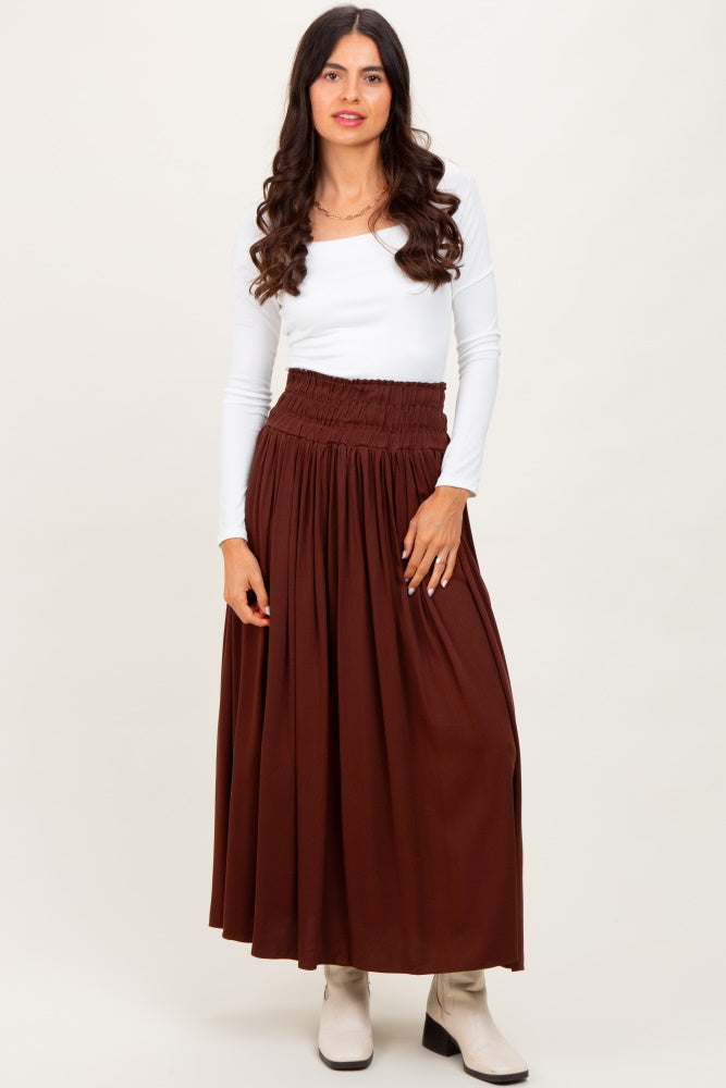Brown Smocked Waistband Pleated Maxi Skirt