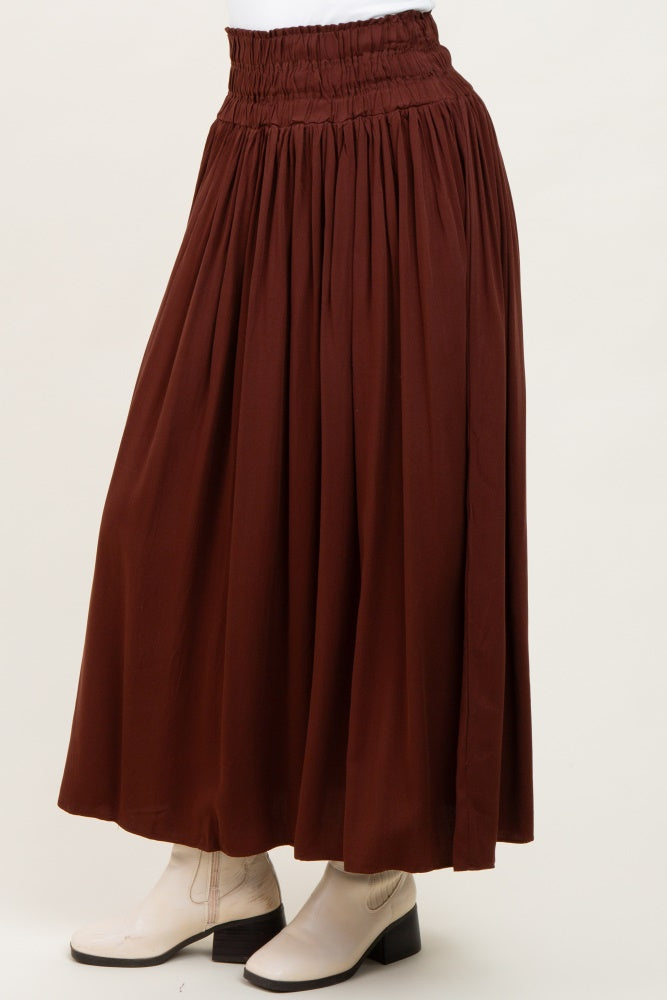 Brown Smocked Waistband Pleated Maxi Skirt