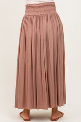Mocha Smocked Waistband Pleated Maternity Maxi Skirt