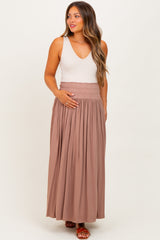 Mocha Smocked Waistband Pleated Maternity Maxi Skirt