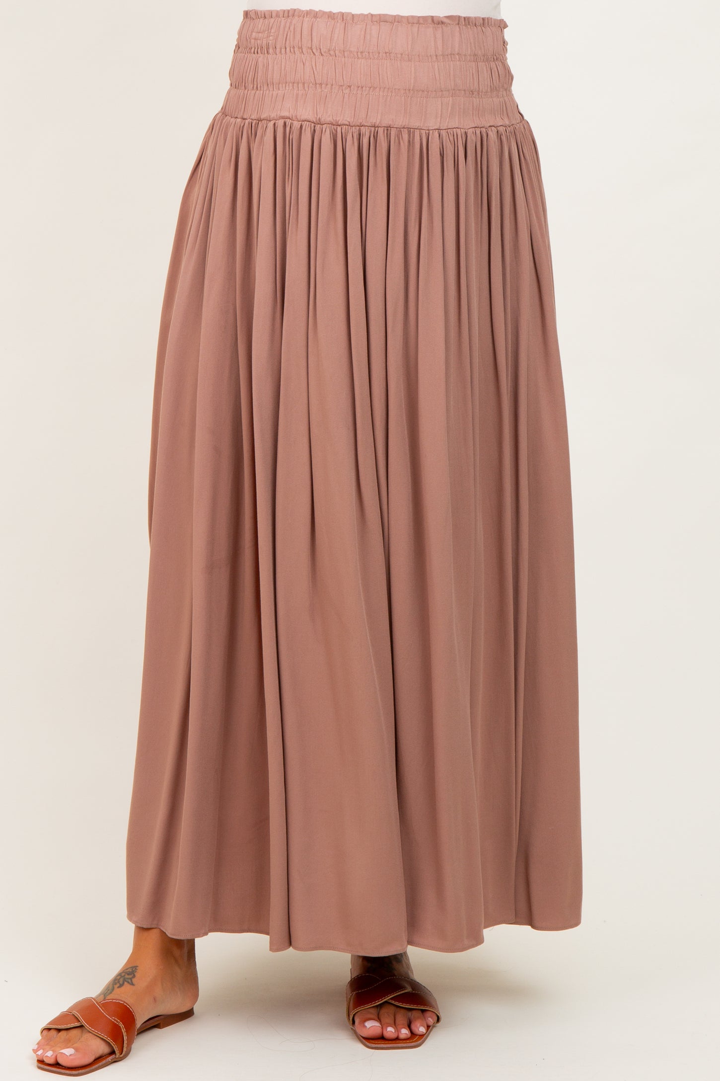 Mocha Smocked Waistband Pleated Maternity Maxi Skirt