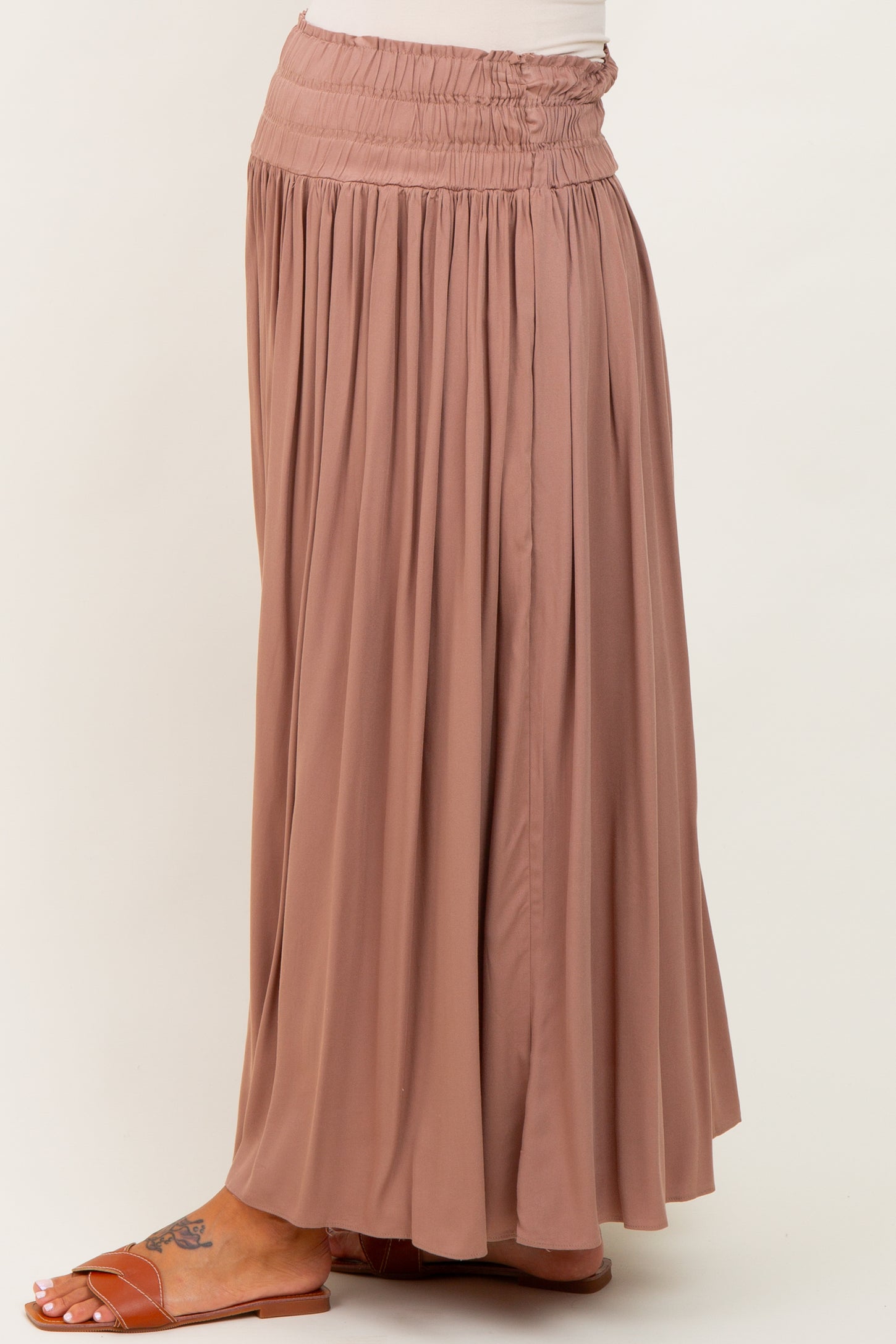 Mocha Smocked Waistband Pleated Maternity Maxi Skirt