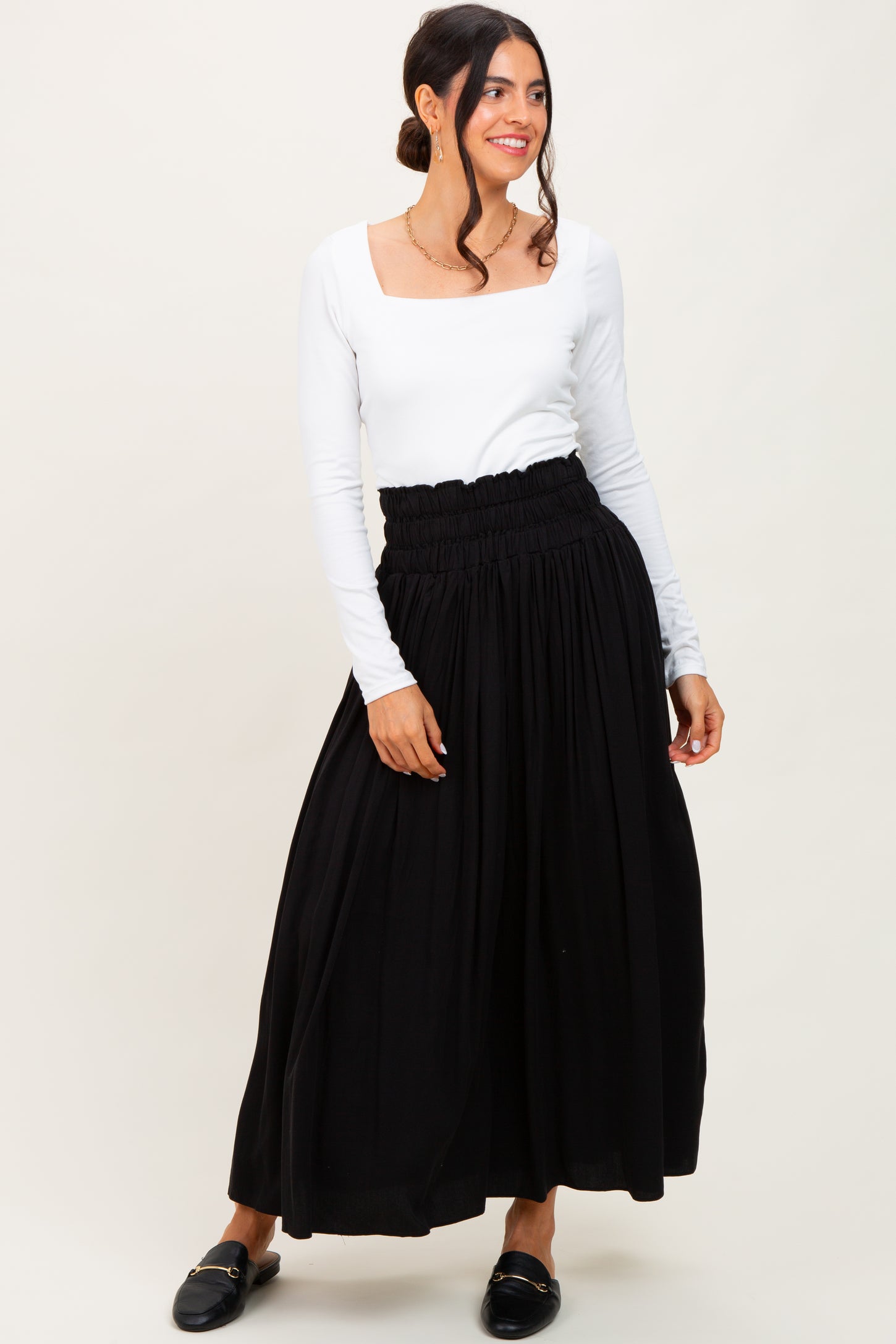 Black Smocked Waistband Pleated Maternity Maxi Skirt