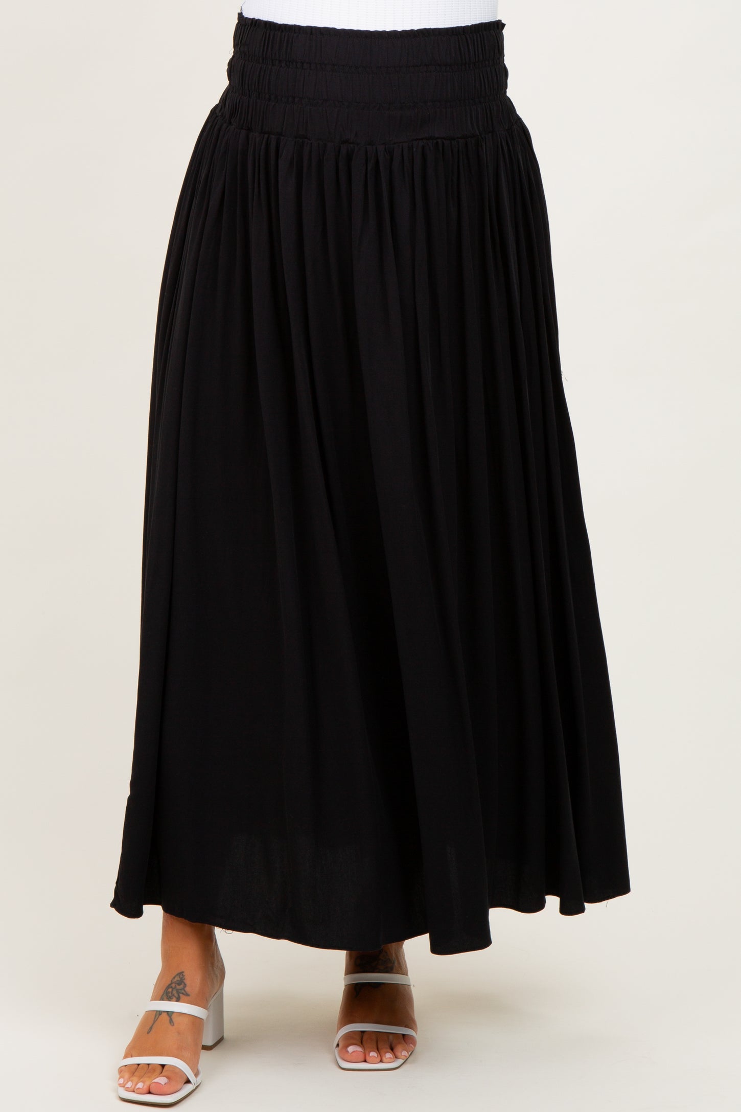 Black Smocked Waistband Pleated Maternity Maxi Skirt