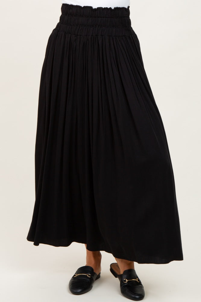 Black Smocked Waistband Pleated Maxi Skirt
