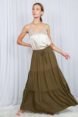 Olive Drawstring Tiered Maxi Skirt