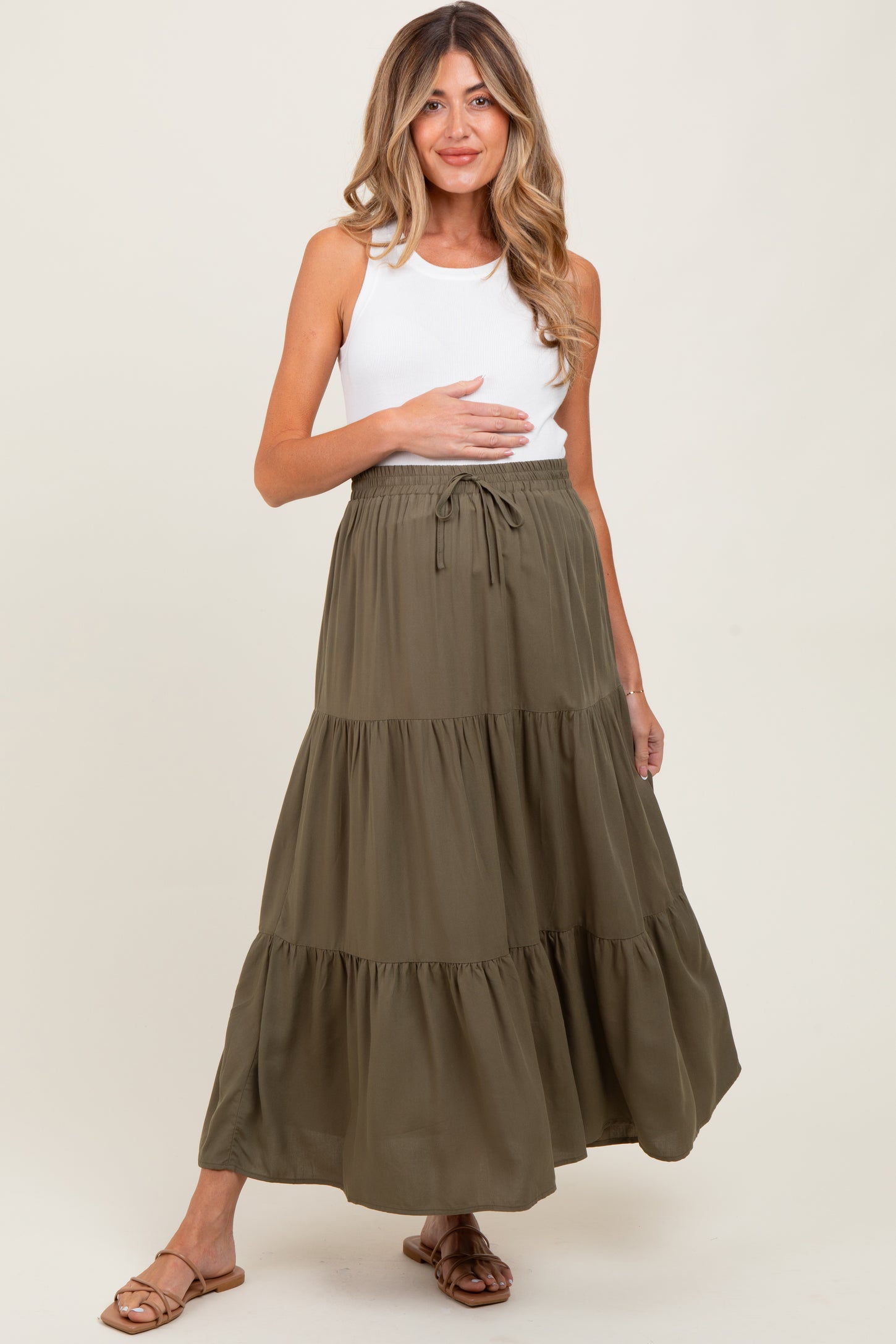 Olive Drawstring Tiered Maternity Maxi Skirt