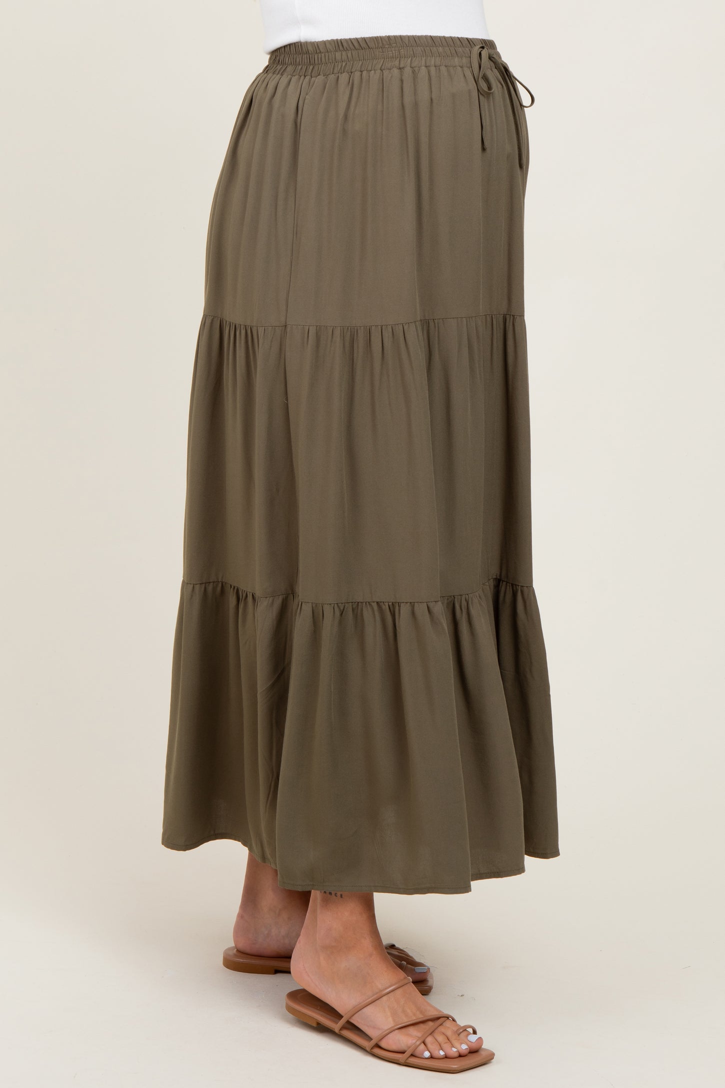 Olive Drawstring Tiered Maternity Maxi Skirt