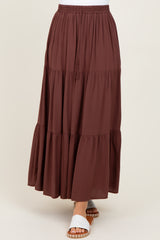 Brown Drawstring Tiered Maxi Skirt