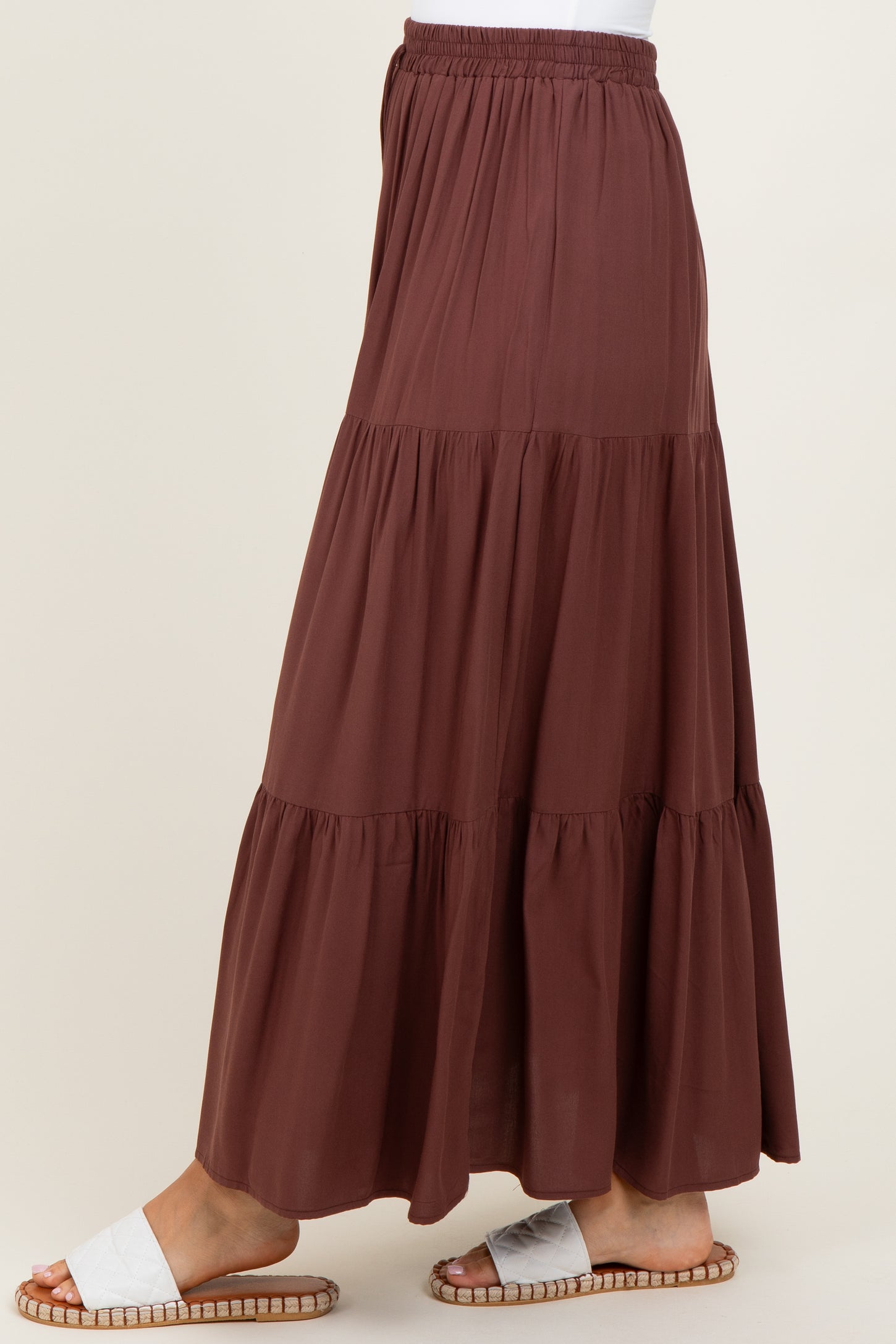 Brown Drawstring Tiered Maxi Skirt