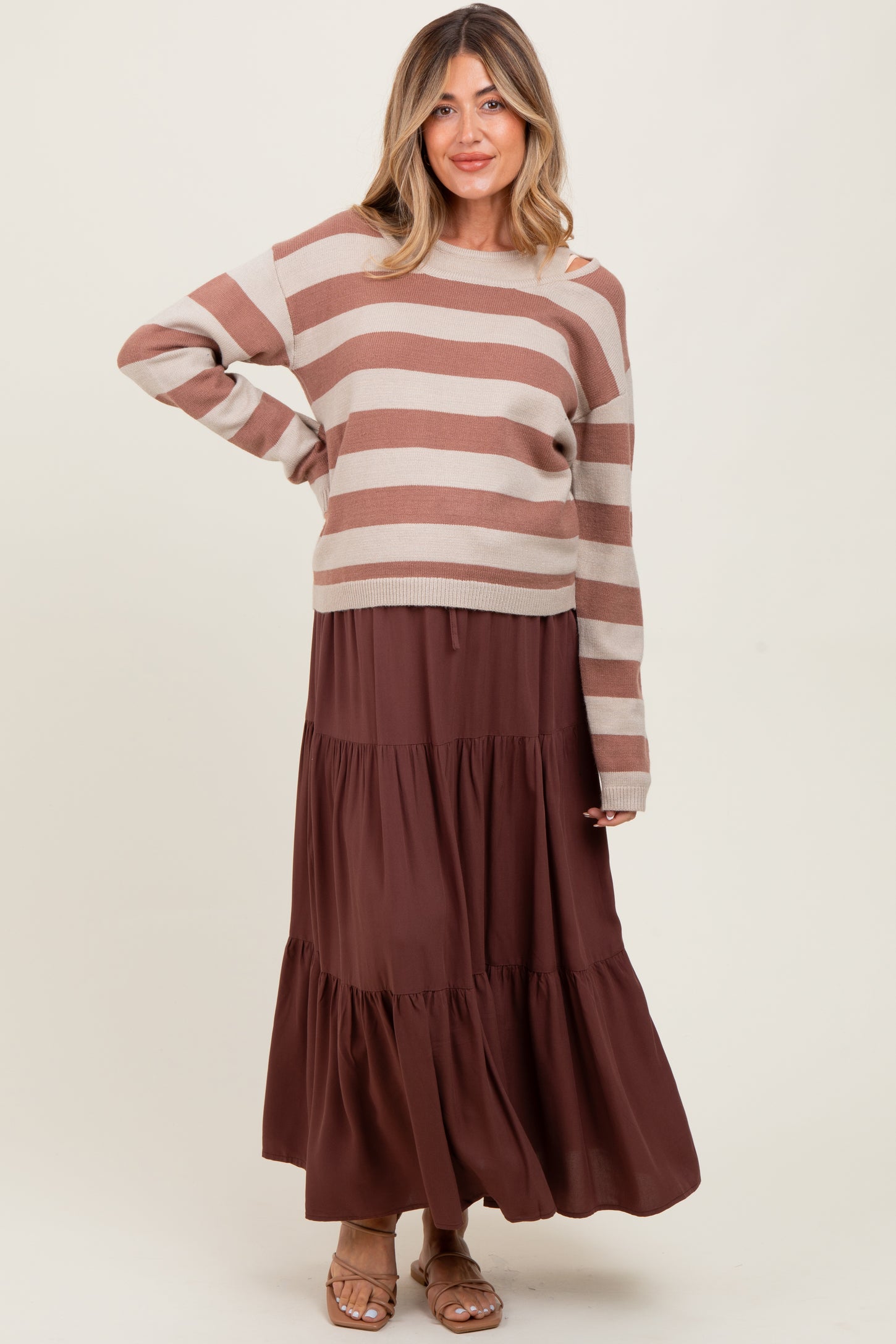 Brown Drawstring Tiered Maternity Maxi Skirt