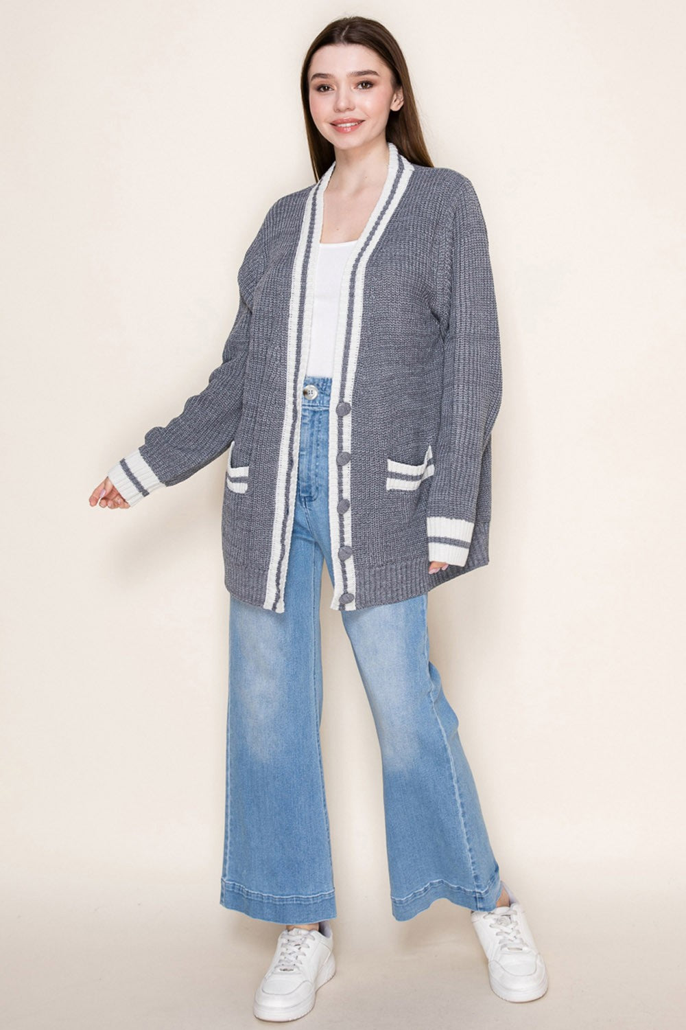 Grey Oversized Contrast Stripe Button Cardigan