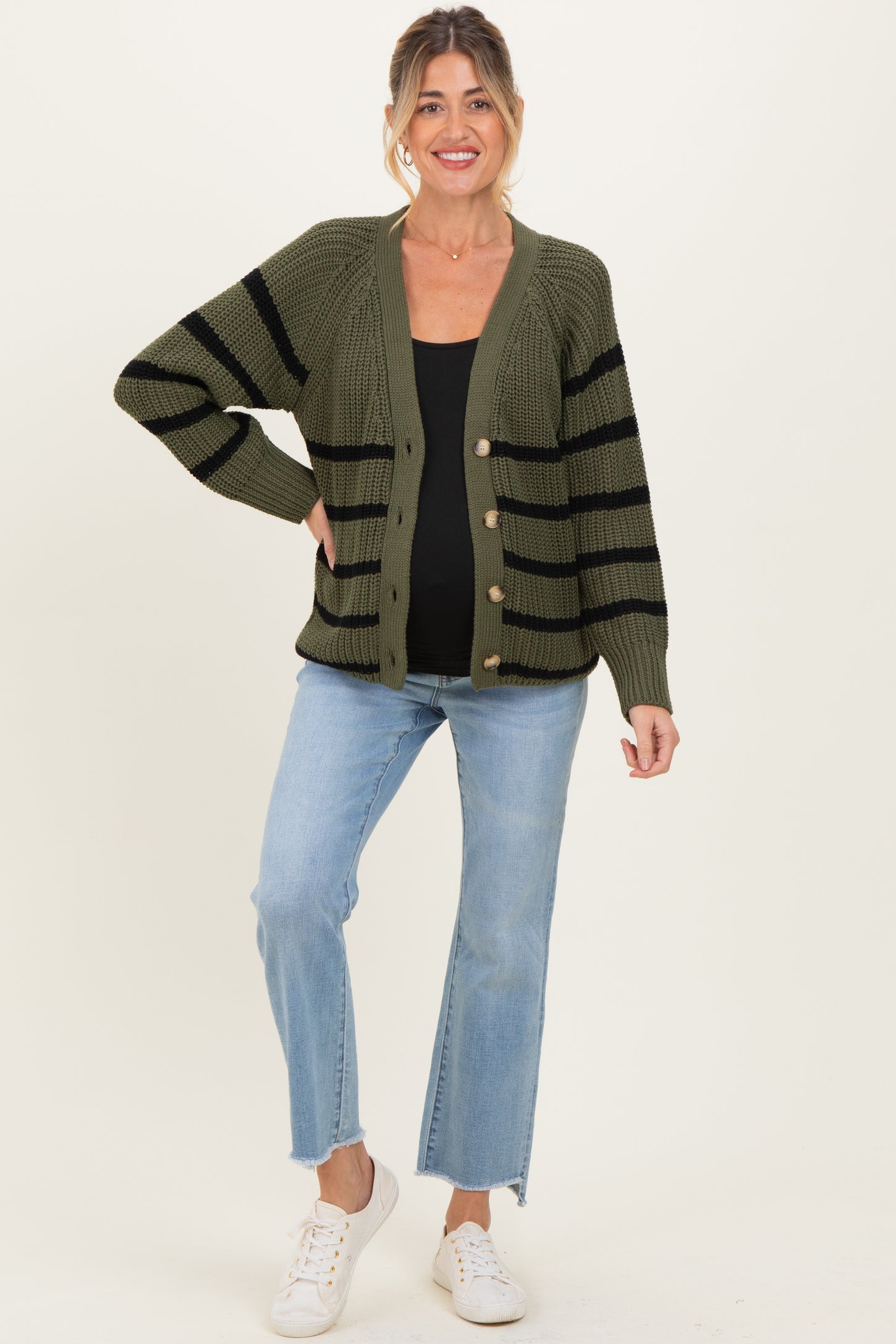 Olive Striped Chunky Knit Maternity Button Cardigan