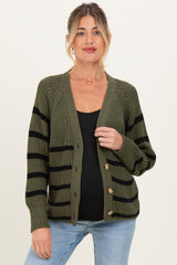 Olive Striped Chunky Knit Maternity Button Cardigan