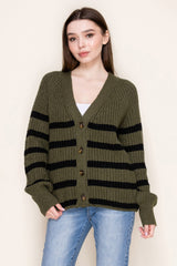 Olive Striped Chunky Knit Button Cardigan