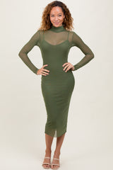 Olive Green Mesh Overlay Fitted Midi Dress