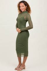 Olive Green Mesh Overlay Fitted Midi Dress