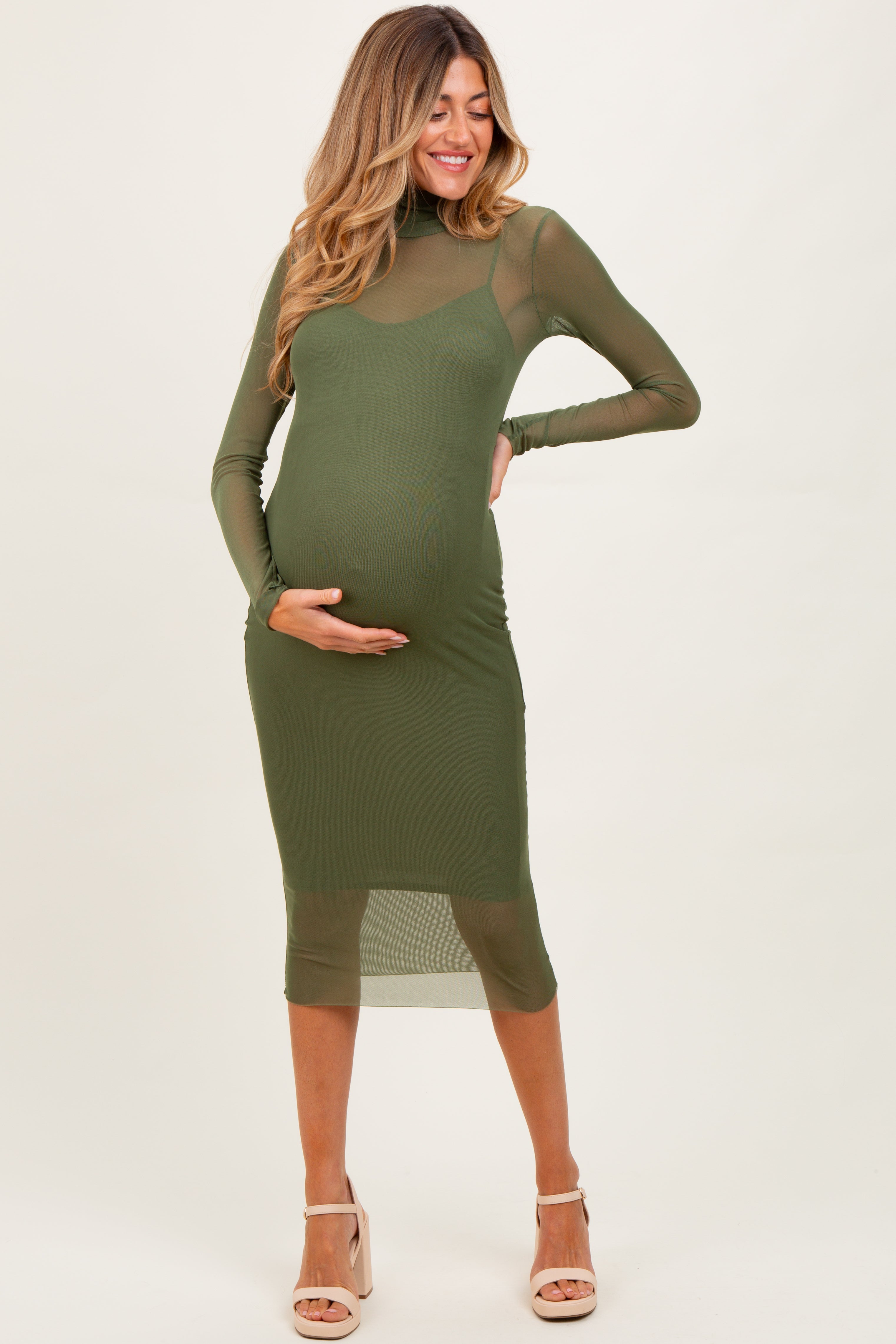 dress with mesh stomach Olive Green Mesh Overlay Fitted Maternity Midi Dress