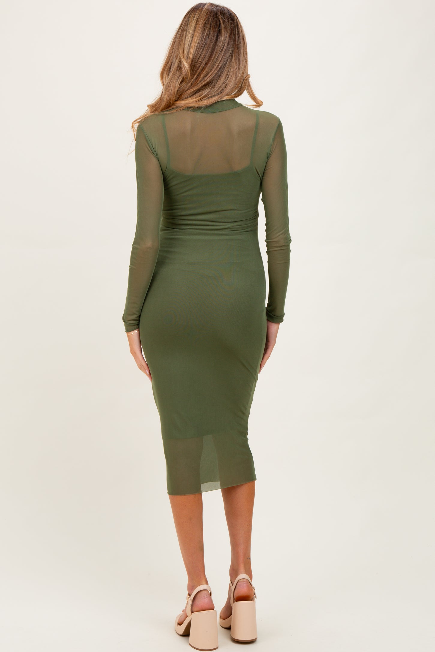 Olive Green Mesh Overlay Fitted Maternity Midi Dress PinkBlush Olive Green Mesh Overlay Fitted Maternity Midi Dress PinkBlush