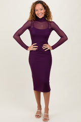 Purple Mesh Overlay Fitted Midi Dress