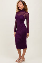 Purple Mesh Overlay Fitted Midi Dress