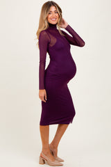 Purple Mesh Overlay Fitted Maternity Midi Dress