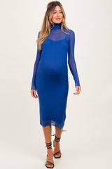 Royal Blue Mesh Overlay Fitted Maternity Midi Dress