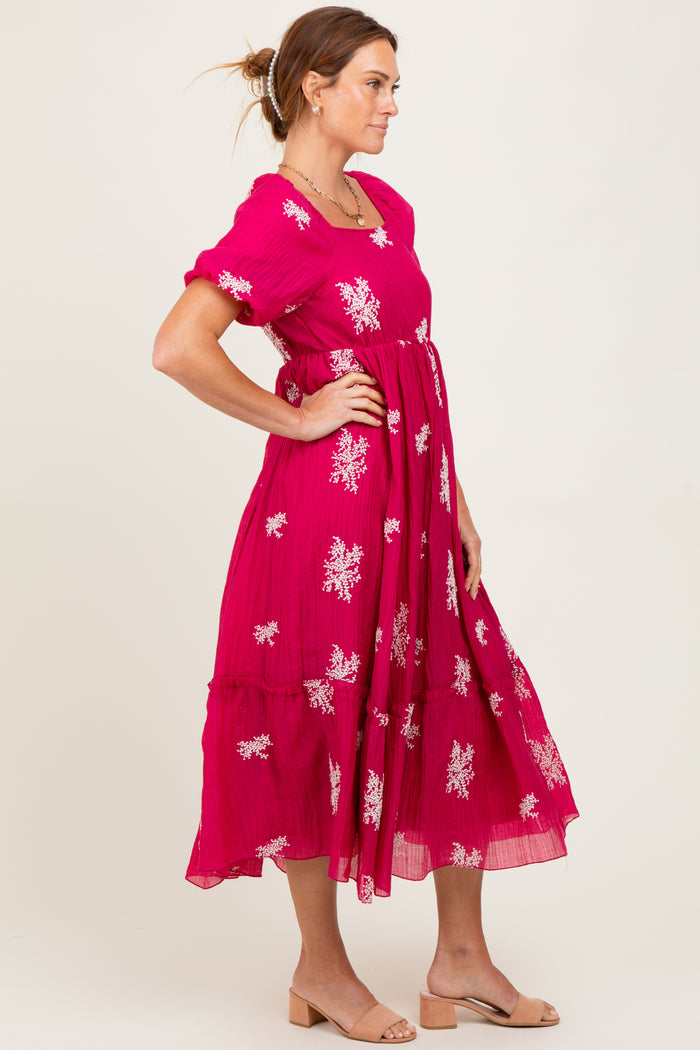 Magenta Floral Print Ruffle Hem Midi Dress