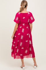 Magenta Floral Print Ruffle Hem Maternity Midi Dress