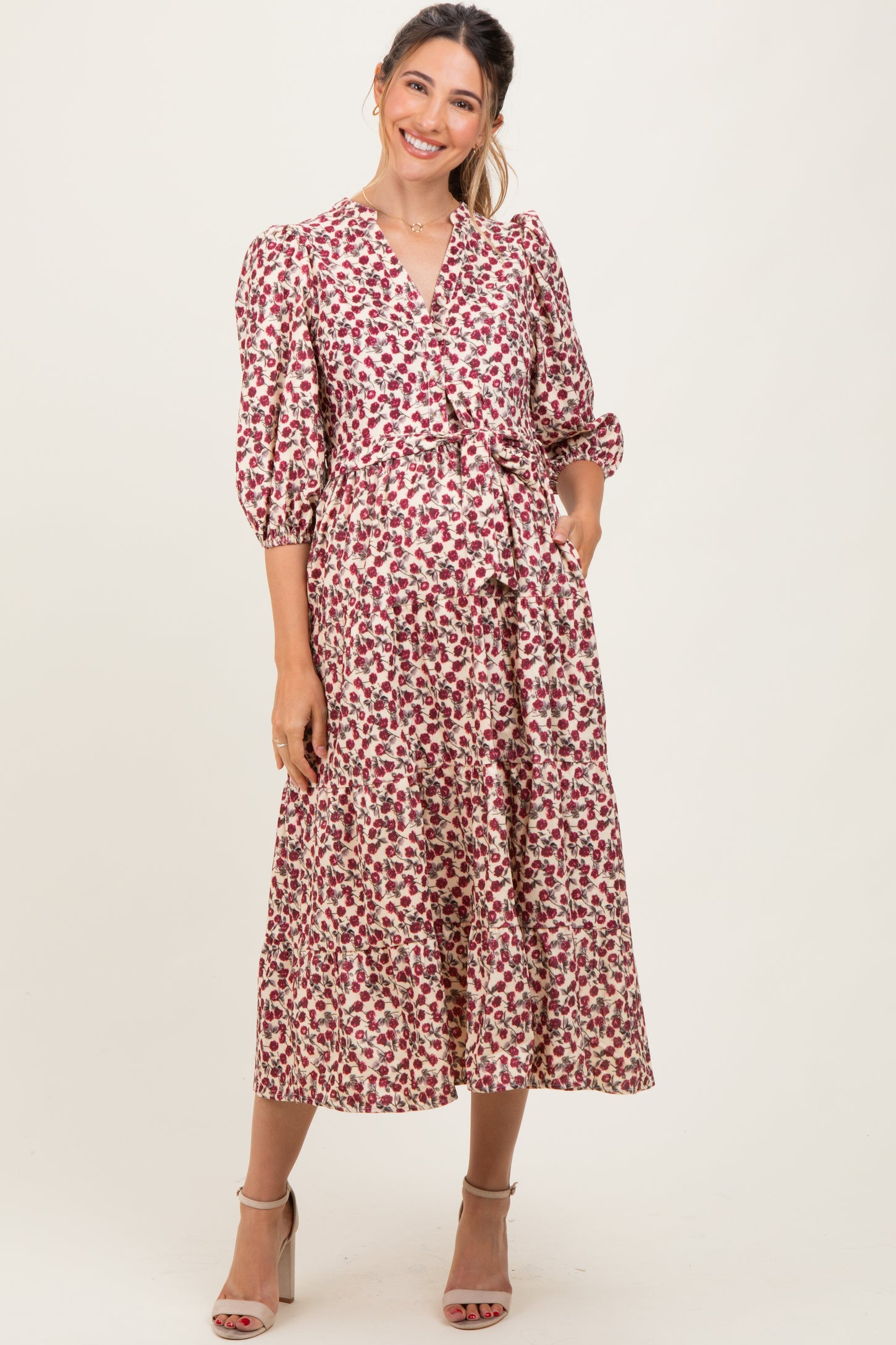 Cream Floral Button Down Front Tie Maternity Midi Dress