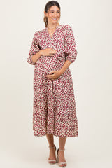 Cream Floral Button Down Front Tie Maternity Midi Dress