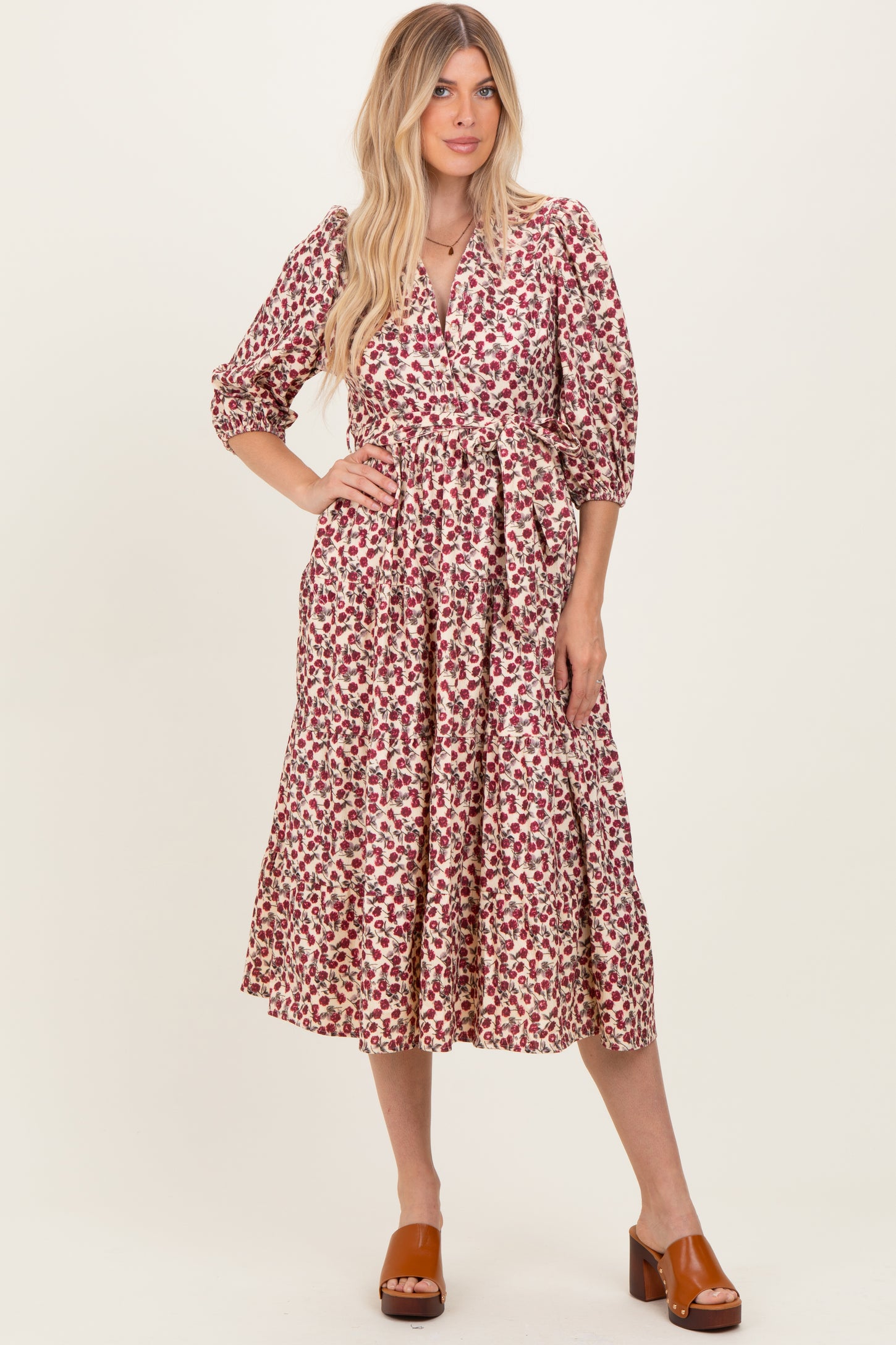 Cream Floral Button Down Front Tie Midi Dress