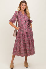 Pink Floral Button Down Front Tie Maternity Midi Dress