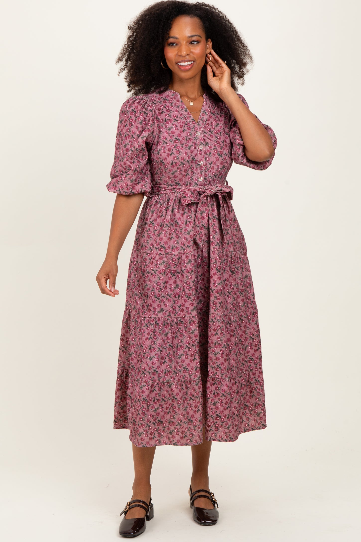 Pink Floral Button Down Front Tie Maternity Midi Dress
