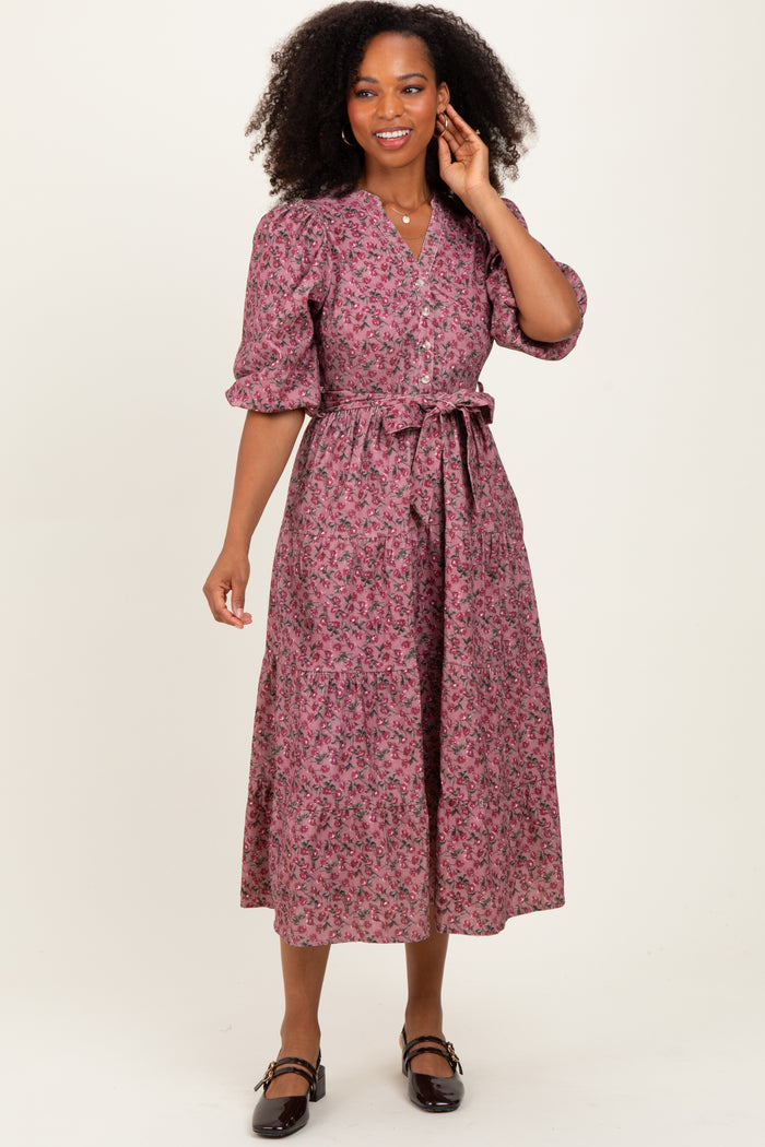 Pink Floral Button Down Front Tie Maternity Midi Dress