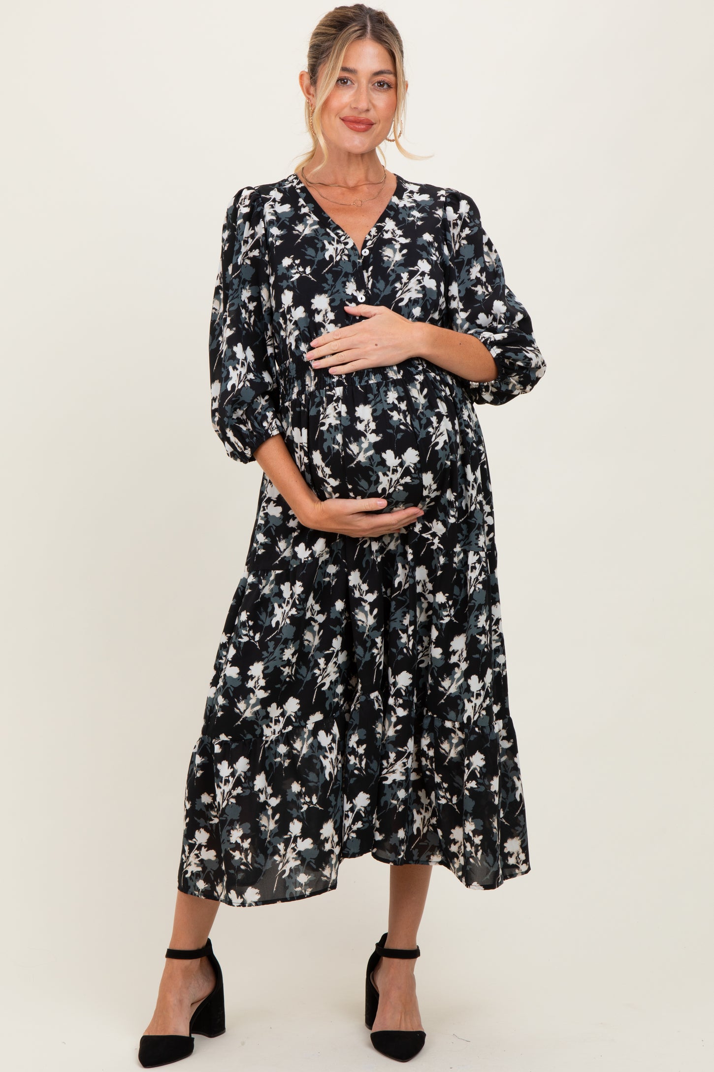 Black Floral Button Front V-Neck Maternity Midi Dress