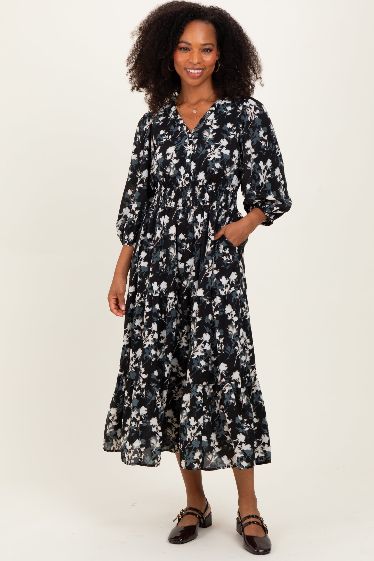 Black Floral Button Front V-Neck Maternity Midi Dress