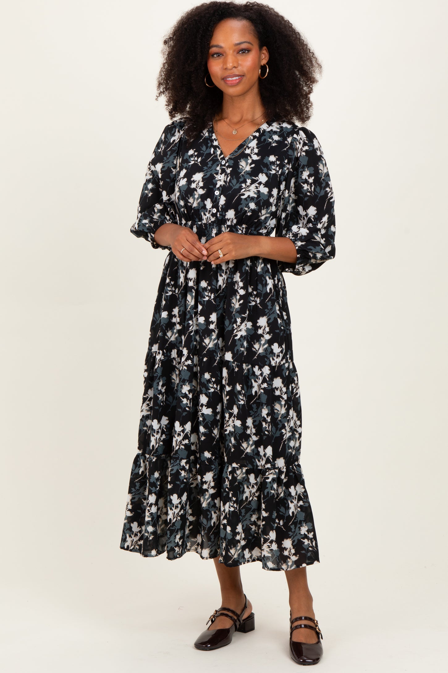 Black Floral Button Front V-Neck Midi Dress Black Floral Button Front V-Neck Midi Dress
