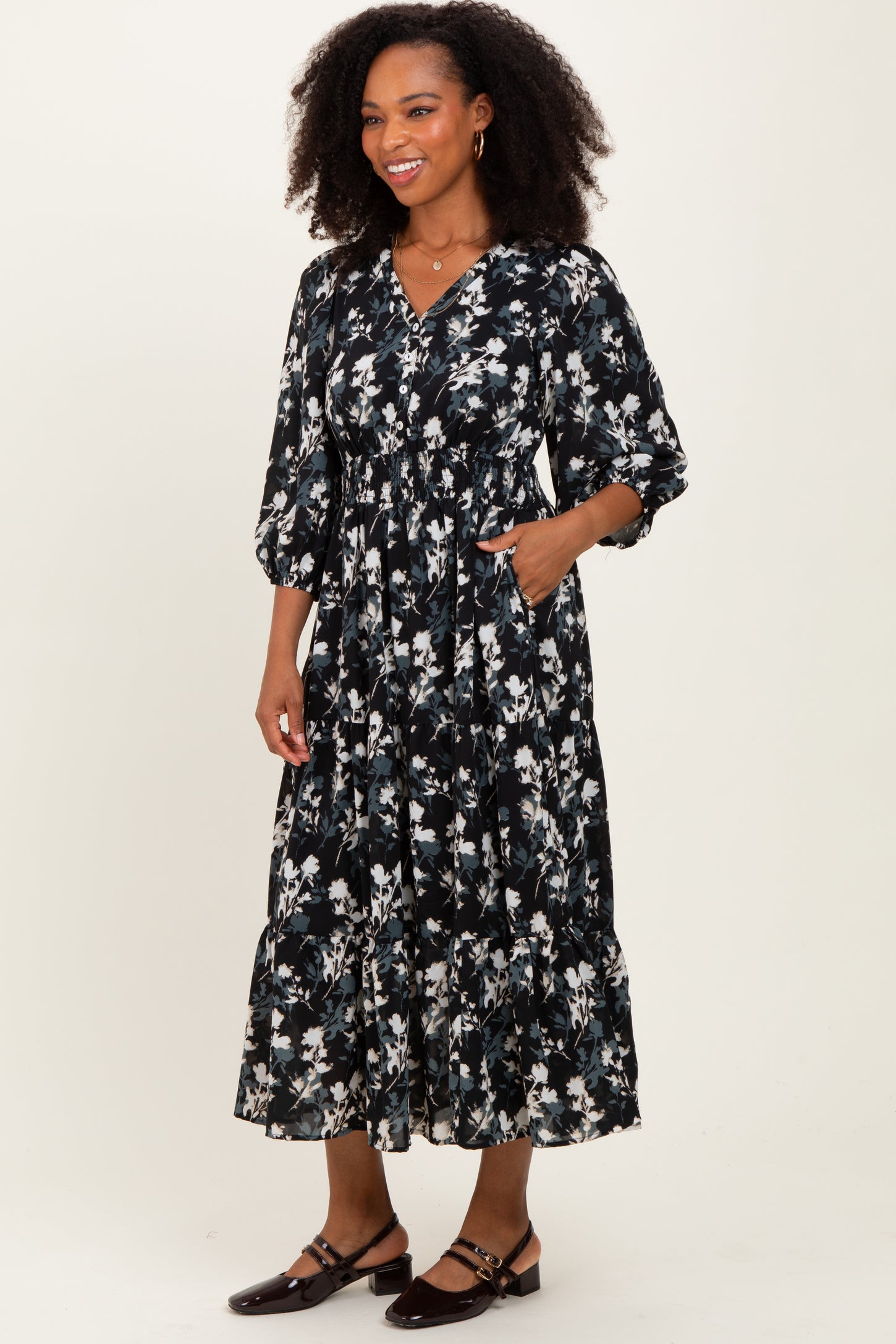 Black Floral Button Front V-Neck Midi Dress Black Floral Button Front V-Neck Midi Dress