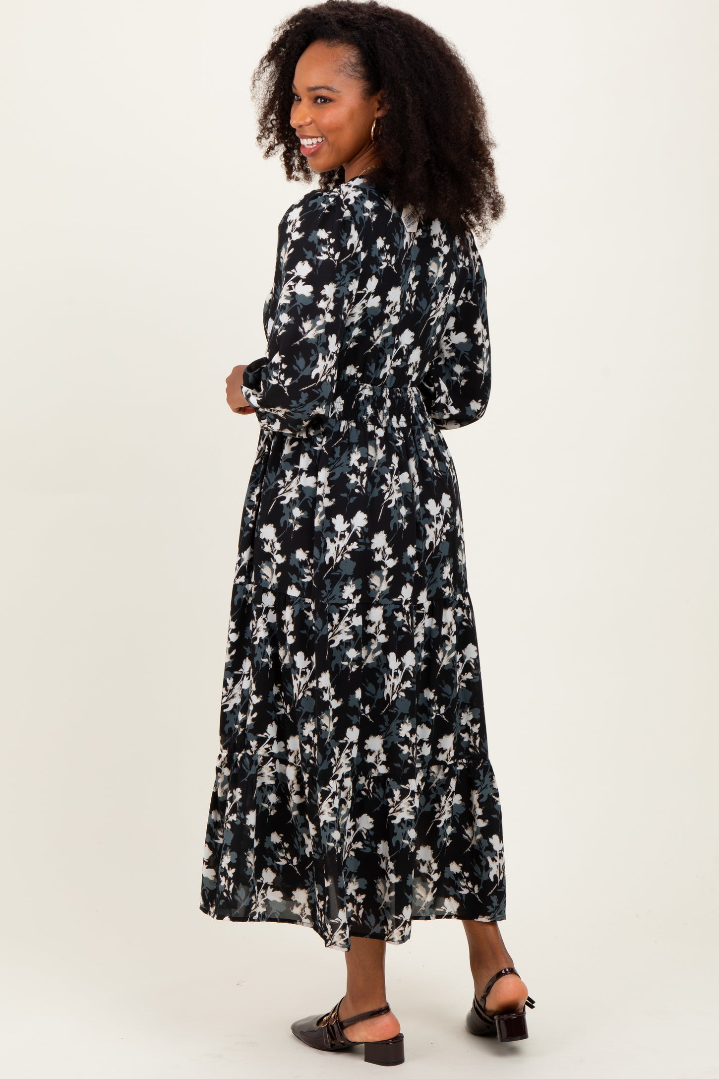 midi dress buttoned fron neck Alexia Admor Women's Jules Featuring a soft ribbed knit fabric Black Floral Button Front V-Neck