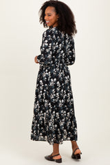 Black Floral Button Front V-Neck Midi Dress
