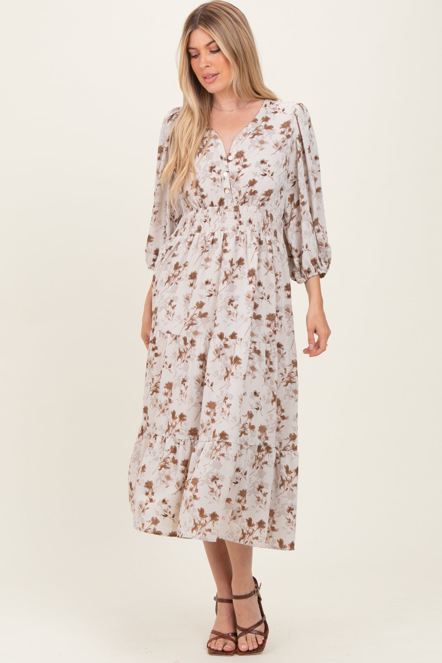 Cream Floral Button Front V-Neck Maternity Midi Dress