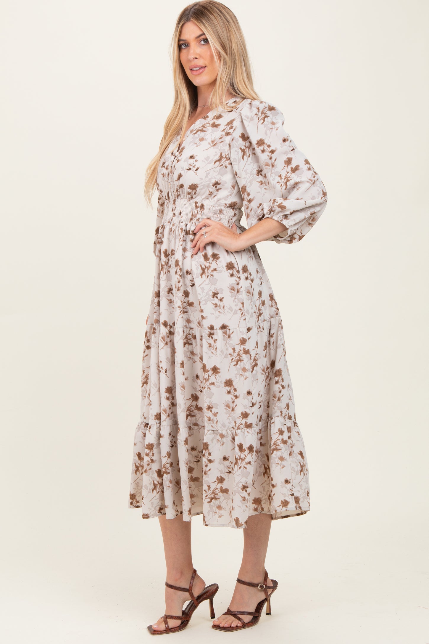 Cream Floral Button Front V-Neck Midi Dress