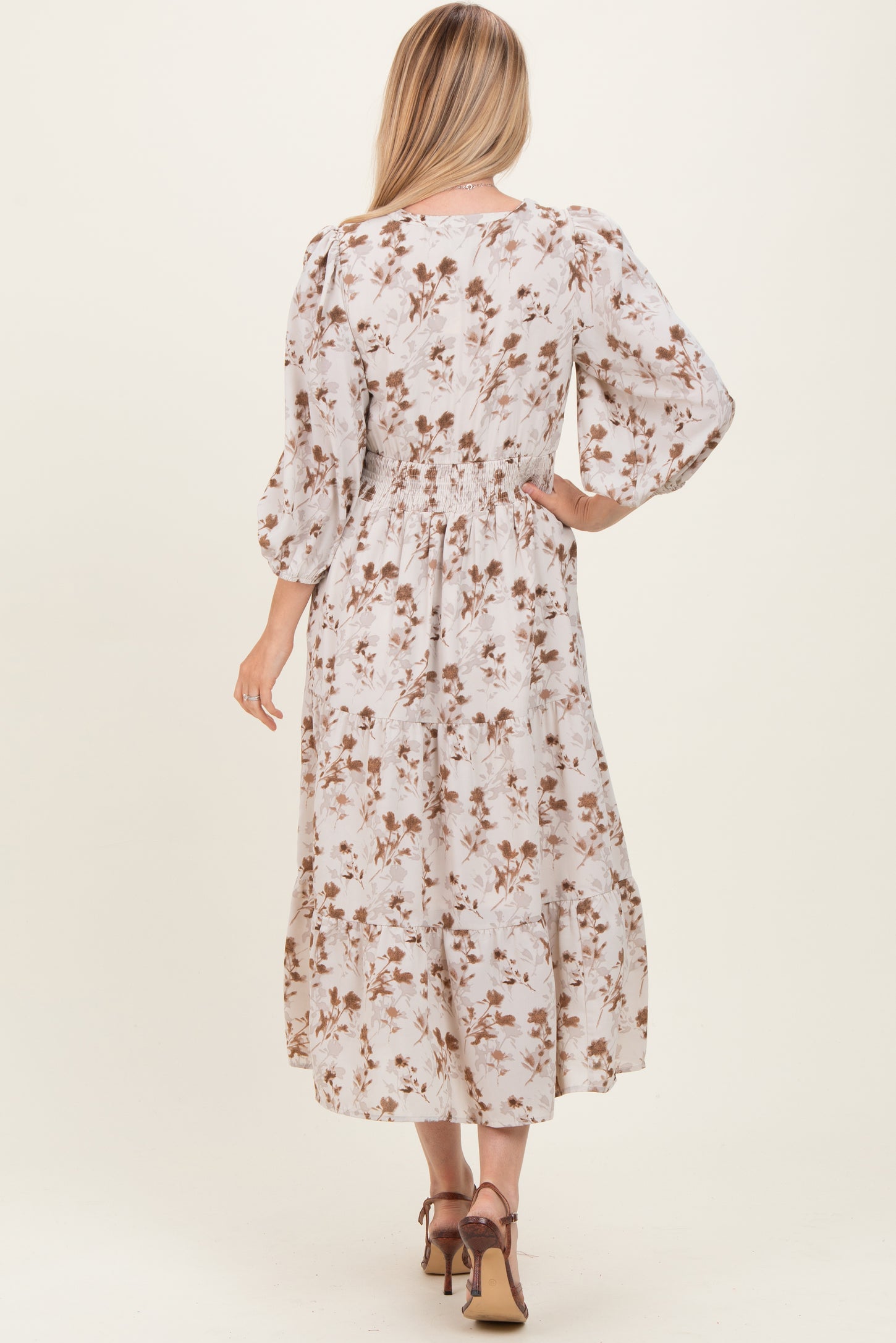 Cream Floral Button Front V-Neck Midi Dress