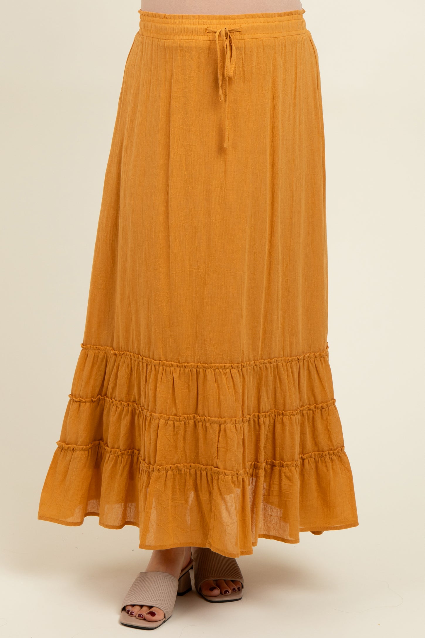 Yellow Drawstring Layered Ruffle Hem Maternity Maxi Skirt