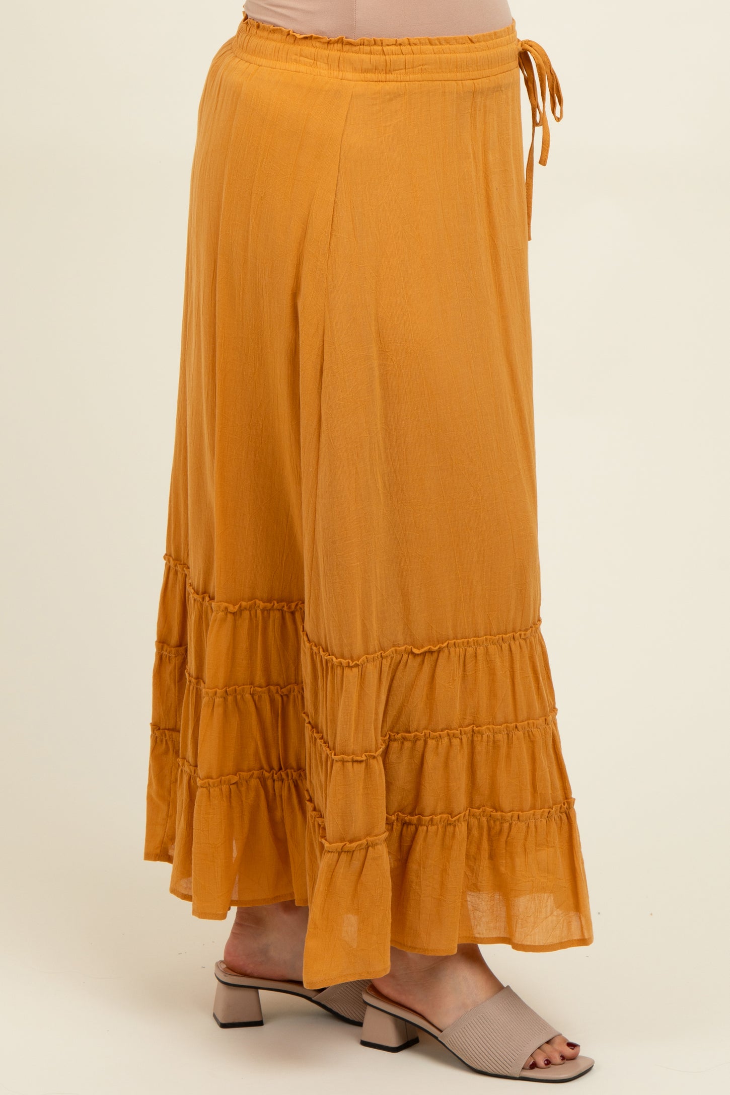 Yellow Drawstring Layered Ruffle Hem Maternity Maxi Skirt