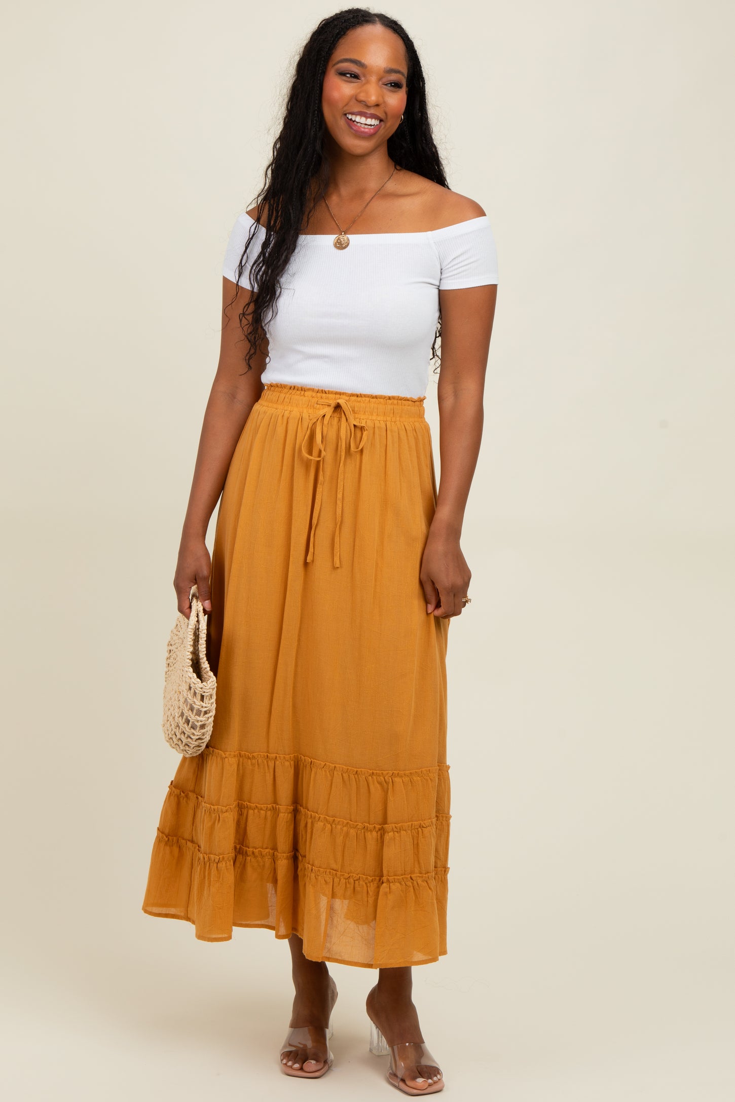 Yellow Drawstring Layered Ruffle Hem Maternity Maxi Skirt