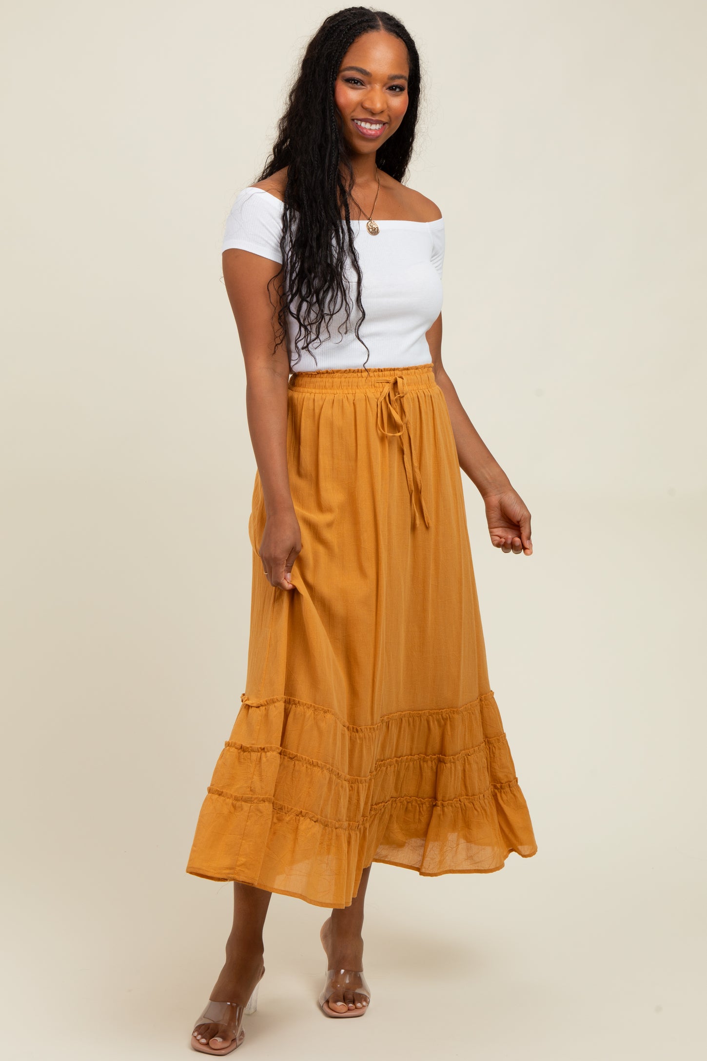 Yellow Drawstring Layered Ruffle Hem Maxi Skirt