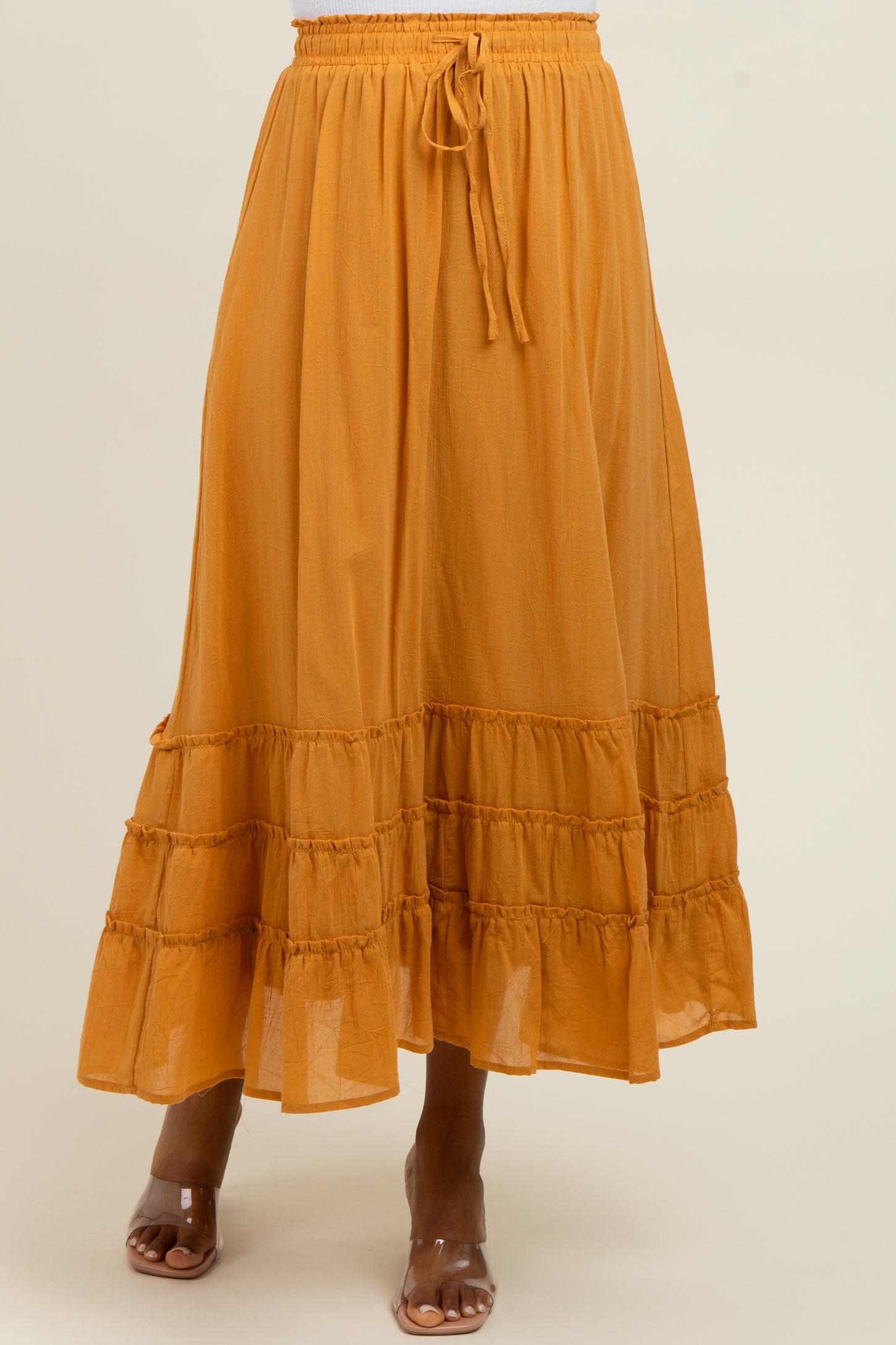 Yellow Drawstring Layered Ruffle Hem Maxi Skirt